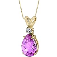 PEORA 14K Yellow Gold Created Pink Sapphire with Genuine Diamond Pendant, Elegant Teardrop Solitaire, Pear Shape, 10x7mm, 2.50 Carats total