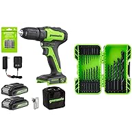 Greenworks 24V Brushless Cordless Variable Speed Drill Kit, Batteries and Charger Included, with 21-Piece Black Oxide Drilling Bit Set
