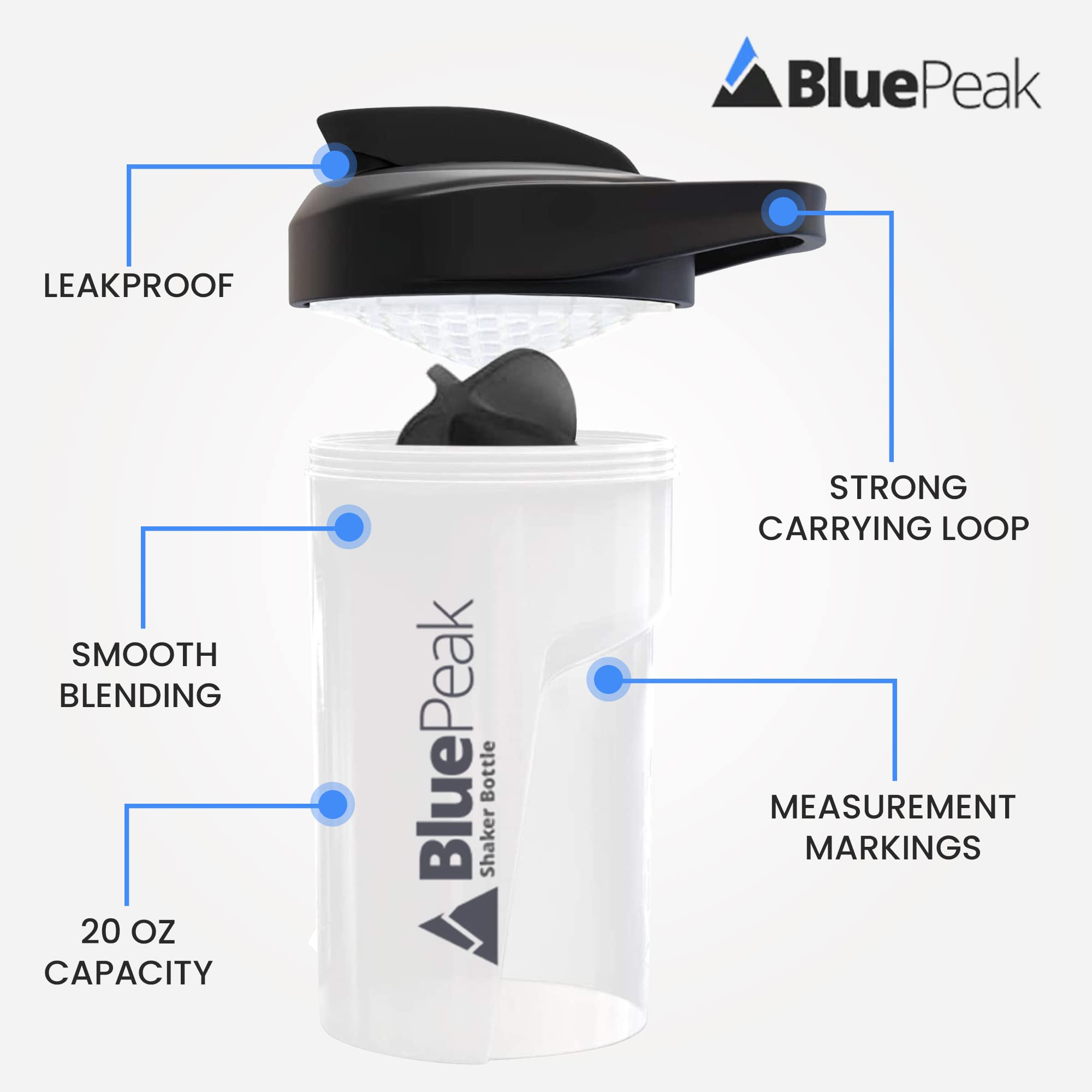 BluePeak Protein Shaker Bottle 20 oz with Dual Mixing Technology, Strong Loop Top, BPA Free, Shaker Balls & Mixing Grids Included - On-The-Go Small Protein Shakers (3 Pack - Black, Yellow, Pink)