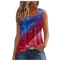 American Flag Ruffled Square Collar Tank Top Women Tank Tee Summer Casual Loose Fit Sleeveless Shirt​