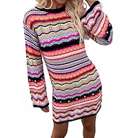 Women's Striped Color Block Knitted Sweater Long Sleeve Rainbow Loose Crochet Mini Casual Sweater Dress