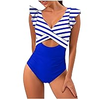 Women's Ruffled One Piece Swimsuits V Neck Sexy Striped Tummy Control Cutout High Waisted Criss Cross Bathing Suit