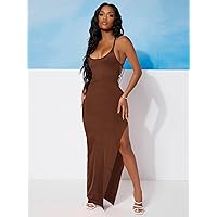 Dresses for Women Women's Dress Tied Open Back High Split Bodycon Dress Dresses (Color : Chocolate Brown, Size : Large)