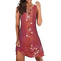 Fashion Womens Beach Sundress Casual Sleeveless Summer Dresses 2023 Floral Print Crew Neck Hollow Out Dress