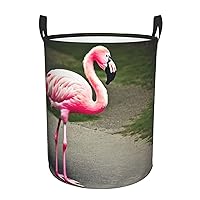 Pink Flamingo Round waterproof laundry basket,foldable storage basket,laundry Hampers with handle,suitable toy storage