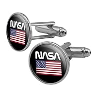 NASA Official Worm Logo United States USA Flag Round Cufflink Set Silver Color
