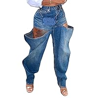 Women's Baggy Jeans Y2K High Waisted Cutout Straight Leg Stretchy Boyfriend Denim Pants Streetwear