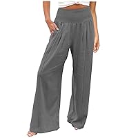Women Wide Leg Cotton and Linen Pants Summer High Waisted Palazzo Pants Work Baggy Trouser with Pockets