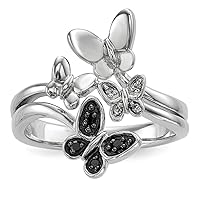 925 Sterling Silver Polished White and Black Diamond Butterfly Angel Wings Ring Measures 3mm Wide Jewelry for Women - Ring Size Options: 6 7 8