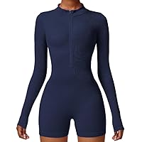 IMEKIS Women Long Sleeve Zipper Front Tummy Control Sports Short Romper Ribbed Workout Seamless One Piece Jumpsuit Outfit