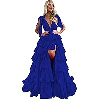 Women's Ruffle Tulle Prom Dress Long Ball Gown Ruched V Neck Formal Evening Dresses with Slit