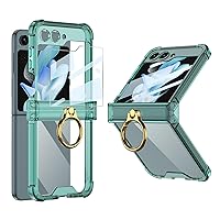 for Samsung Galaxy Z Flip 5 Case Hinge Protection Luxury Soft Transparent with Ring Holder Built-in Screen Protector All-Inclusive Shockproof Cover (Green)