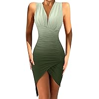 Wedding Guest Dresses for Women, Sexy Smocked Summer Solid Wrap Cocktail Dress V-Neck Elegant Slit Bodycon Dresses