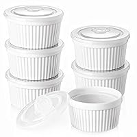 DOWAN Ramekins 8 oz Oven Safe with Lids, Creme brulee Ramekins Bowls with Covers, Porcelain White Ramekins Souffle Dishes for Baking, Stackable, Set of 6