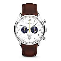 E.N.B - Silvered Whited S83 - Men's Chronograph Watch Brown Leather Strap