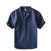 Casual Cotton and Linen Stand Collar Short-Sleeved Shirt