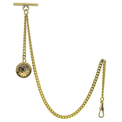 watchvshop Albert Chain Gold Tone Pocket Watch Chain Vest Chain for Men Fob T Bar with Swivel Clasp and Ancient France Coin Design Medal Charm Fob AC78A
