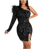 Womens One Shoulder Long Sleeve Dress Sexy Bodycon Sequin Cocktail Dresses Glitter Slit Mini HOCO Dresses Formal Gowns