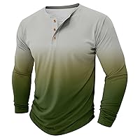 Henley Shirts for Men Summer Casual Long Sleeve Henleys T-Shirt Gradient Print V Neck Shirts Lightweight Basic Tee