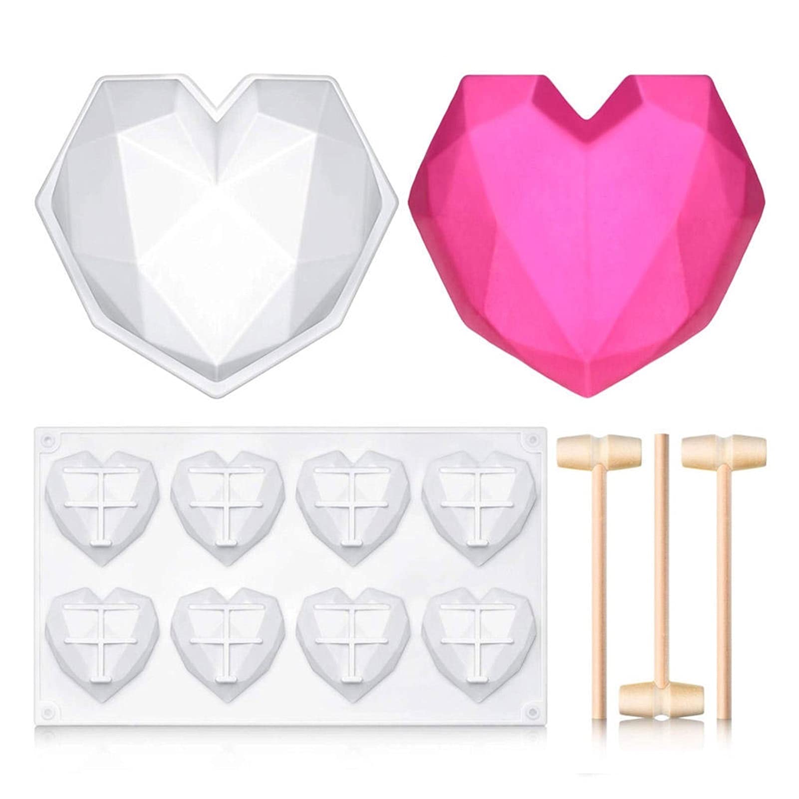 SRLIWHITE Heart Chocolate Mould 3D Heart Love Shape Silicone Cake Mould with Wooden Hammers Mallet Baking Accessories (Color : 5pc Set)