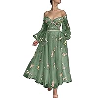 Maxianever Tulle Prom Dresses Tea Length Puffy Sleeves Flower Embroidery Off Shoulder Formal Evening Gowns for Women