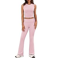 XIEERDUO Lounge Sets For Women 2 Piece Casual Y2K Outfits Sleeveless Cropped Tank Top Fold Over Flare Pants Set Tracksuits