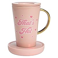 Electric Mug Warmer Set, Electric Gravity Mug Warmer with 14-Ounce Ceramic Coffee Mug with Lid, Heat Sensitive Color Changing Design, Auto-Shut Off, 3-Piece Set, Pink and Gold