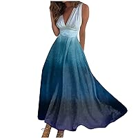 Maxi Dress Women's Trendy Sleeveless Casual V Neck Ladies Fashion Retraction Printed Loose Boho Outdoor Waist Long Dress