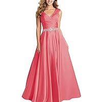 V-Neck Pleated Satin Prom Dress Beaded Long Formal Evening Gowns for Women