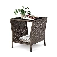 Outdoor Side Table - Outdoor Wicker End Side Tables for Patio with Storage Shelf, Brown