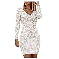 Elegant 2024 Dresses for Women Graphic Fashion Western Bodycon Top V-Neck Party Slimming Long Sleeve Trendy Lace Work