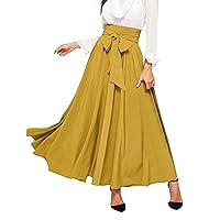 Women's Maxi Casual Midi Skirts Lace Up Versatile Loose Fit High Waist Solid Color Flowy Summer Ruched High Rise Work