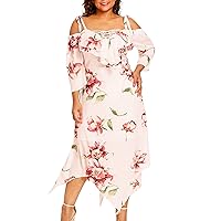 Womens Summer Plus Size Floral Dress Ruffle Trim V Neck Lace-Up Cold Shoulder Midi Dress Asymmetrical Hems Flowy Dress