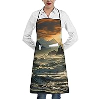 Kitchen Cooking Aprons for Women Men Sunset Beach Sailboat Waterproof Bib Apron with Pockets Adjustable Chef Apron