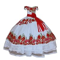 Mollybridal Red Floral Flowers Ribbon Off Shoulder Ball Gown Quinceanera Evening Dress with Sleeves Satin Mexican 2024