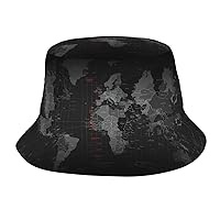 Black World Map Print Packable Travel Sun Caps Teens Women Men Outdoor Fisherman Beach Print Bucket Hats Unisex