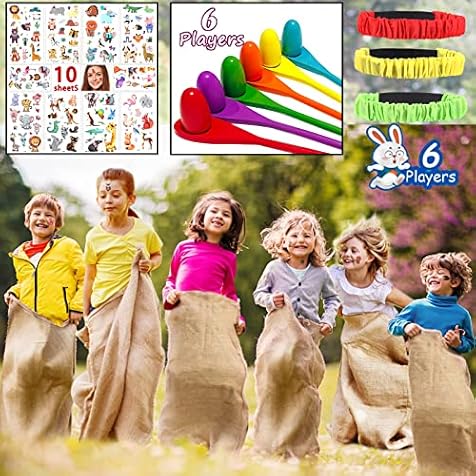 6 Player Outdoor Games for Kids and Adults - Potato Sack Race, Egg & Spoon Race, 3-Legged Relay Race and Storage Bag - Outside Games for BBQ, Easter Games, Picnic, Family Reunion, Birthday Party