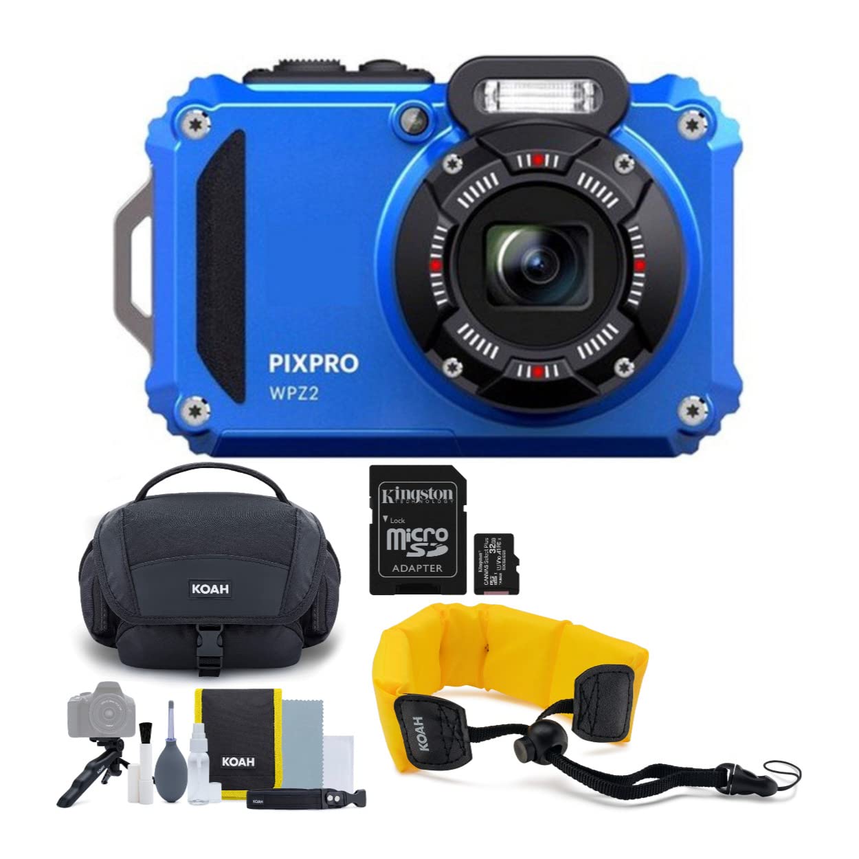 Kodak PIXPRO WPZ2 Rugged Waterproof 16MP Digital Camera with 4x Optical Zoom (Blue) Bundle with Koah Nostrand Gadget Bag, Floating Camera Strap (Yellow), and 32GB UHS-I microSDHC Memory Card (4 Items)