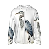 Long-Beaked Heron Print Sun Protection Hoodie Jacket Full Zip Long Sleeve Sun Shirt With Pockets For Outdoor