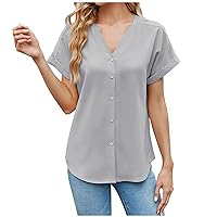 Summer Comfy Button Down Shirts for Womens Fashion Ruffed Short Sleeve V-Neck Blouses Casual Loose Fit Solid Tops