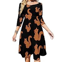 Funny Squirrel Midi Dresses for Women Tie Flared A-Line Swing 3/4 Sleeves Cute Sundress