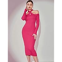 TLULY Sweater Dress for Women Crisscross Halter Neck Ribbed Knit Sweater Dress Sweater Dress for Women (Color : Hot Pink, Size : Small)