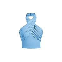 Women's Y2K Solid Criss Cross Backless Crop Halter Top Cropped Regular Fit Cami Top Rib Knit Camisole