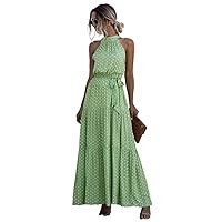 Dresses for Women Wedding Guest Dress All Over Print Belted Halter Dress Women's Dress (Color : Green, Size : Large)