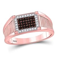 The Diamond Deal 10kt Rose Gold Mens Round Red Color Enhanced Diamond Rectangle Cluster Ring 1/5 Cttw