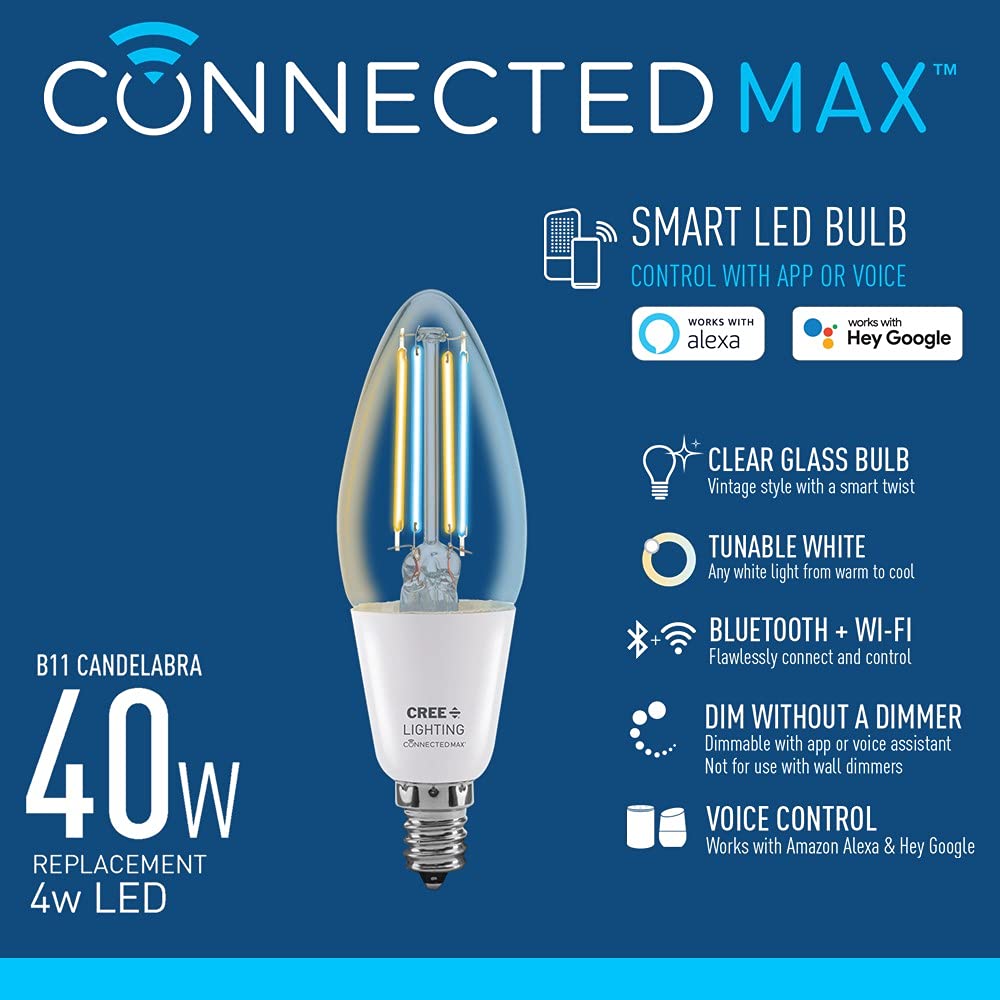 Cree Connected Max Smart Led Vintage Glass Filament Bulb B11 Candelabra 40W Tunable White, 2.4 Ghz, Works With Alexa And Google Home, No Hub Required, Bluetooth + Wifi, 1Pk (Cmb11-40W-Al-9Tw-Gl)