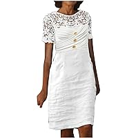 Women's Summer Dress Cotton Linen Short Sleeve Crossover High Waist Casual Party Knee-Length Dress Wedding Dresses