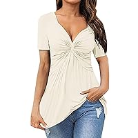 Soft Oversized T Shirts for Women Womens Front Knotted V Neck Blouse T Shirt Short Sleeve Oversized Tunic Tops
