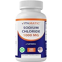Vitamatic Sodium Chloride 1000mg, 365 Tablets - Salt Tablets, Non-GMO, Gluten Free - Electrolytes Replenisher Hydration Drink