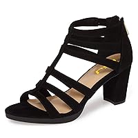 FSJ Women Chunky Mid High Heel Sandals Open Toe T-Strap Pumps Cutout Dress Party Prom Office Strappy Shoes Elastic Back Zipper Size 4-15 US